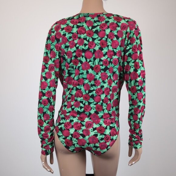 Zara Floral Vneck Bodysuit Top Long Sleeve Plunging Wrap Rose Print Size Medium - Picture 9 of 12